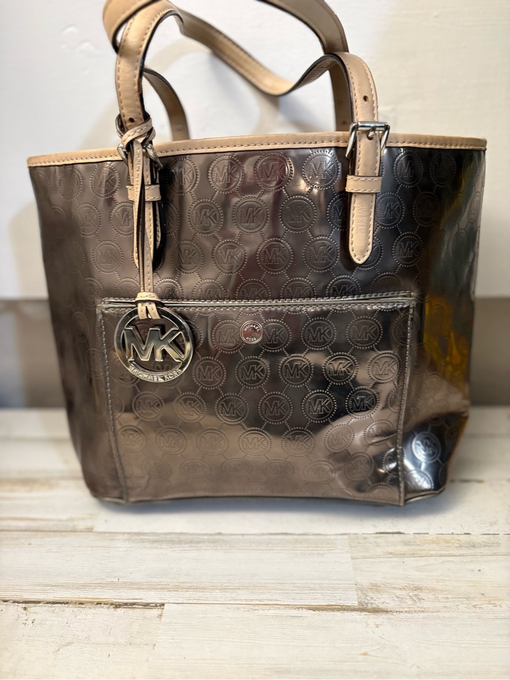 Michael Kors Bronze Metallic MK-Logo Tote with Beige Trim
